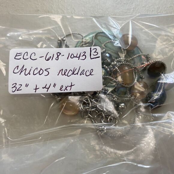 Chicos Statement Necklace Beaded Green Brown Silver Enameled Pendant Reversible - Picture 9 of 9